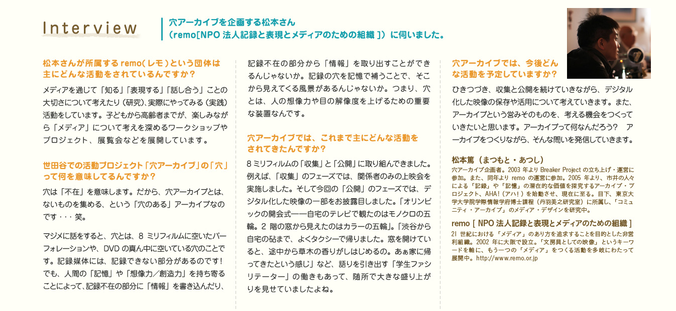 Interview 穴アーカイブを企画する松本さん（remo[NPO法人記録と表現とメディアのための組織]）に伺いました。